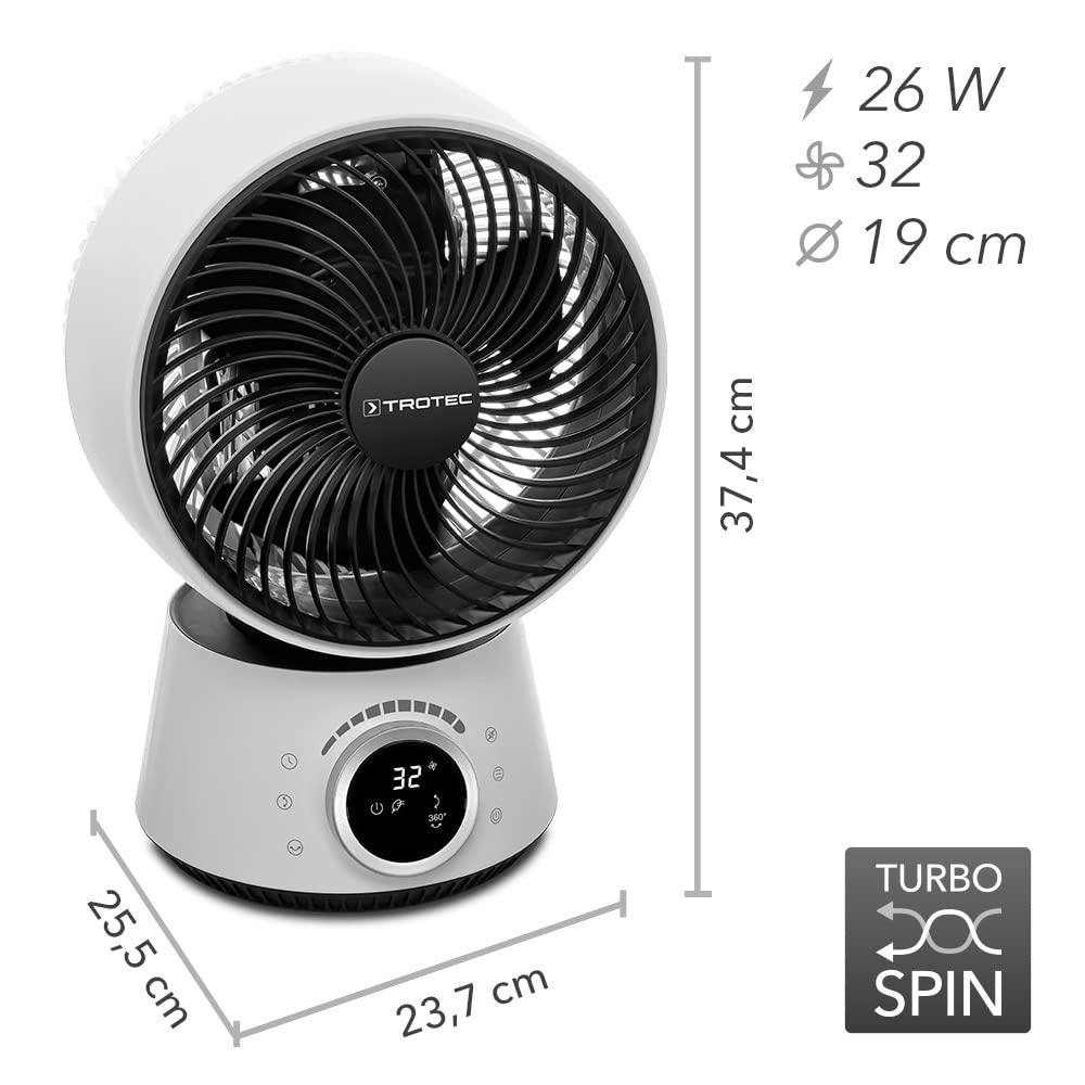 TROTEC 360°-Turbo-Ventilator TVE 100, 26W, 32 Geschwindigkeiten, Duftöl-Diffuser, Timer (1-12 Std), IR-Fernbedienung