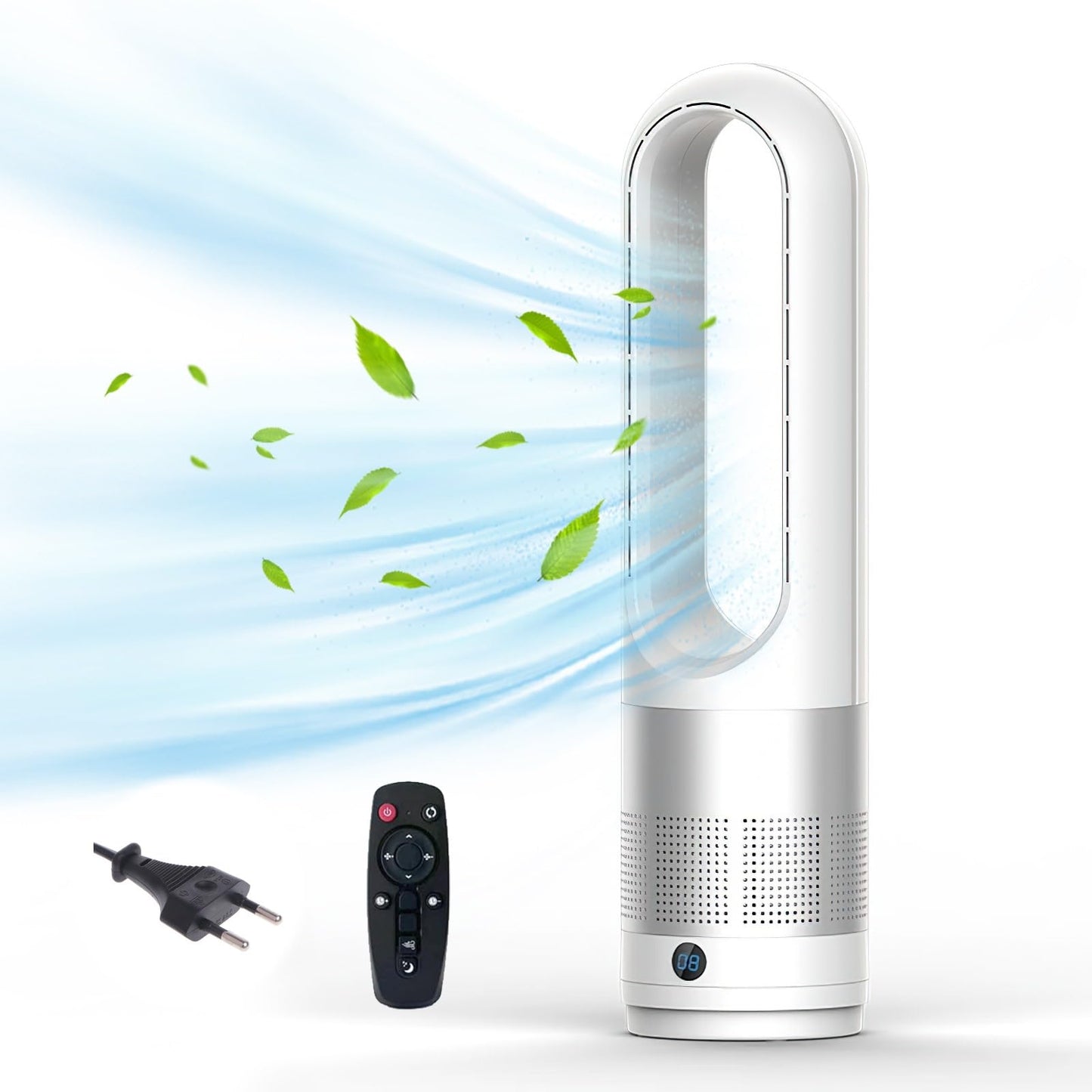 Rotorloser Ventilator mit Luftreiniger, 18-Zoll, leise, 8 Geschwindigkeiten, 80° Oszillation, Fernbedienung, 8H Timer, LED-Anzeige, Bladeless, Silber