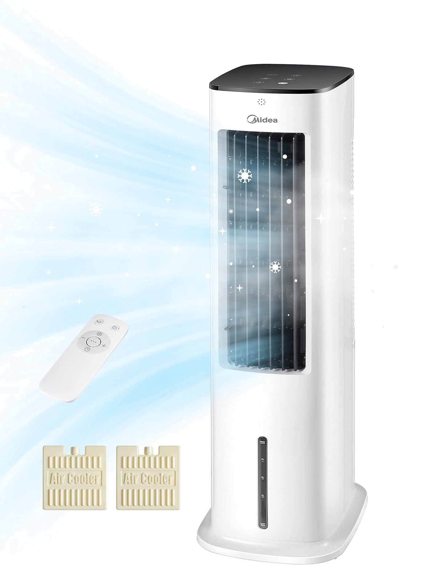 Midea 4-in-1 Mobile Klimaanlage ohne Abluftschlauch, Turmventilator, Wasserkühlung, Luftbefeuchter, 5L Wassertank, 355m³/h, Ionisation, Fernbedienung