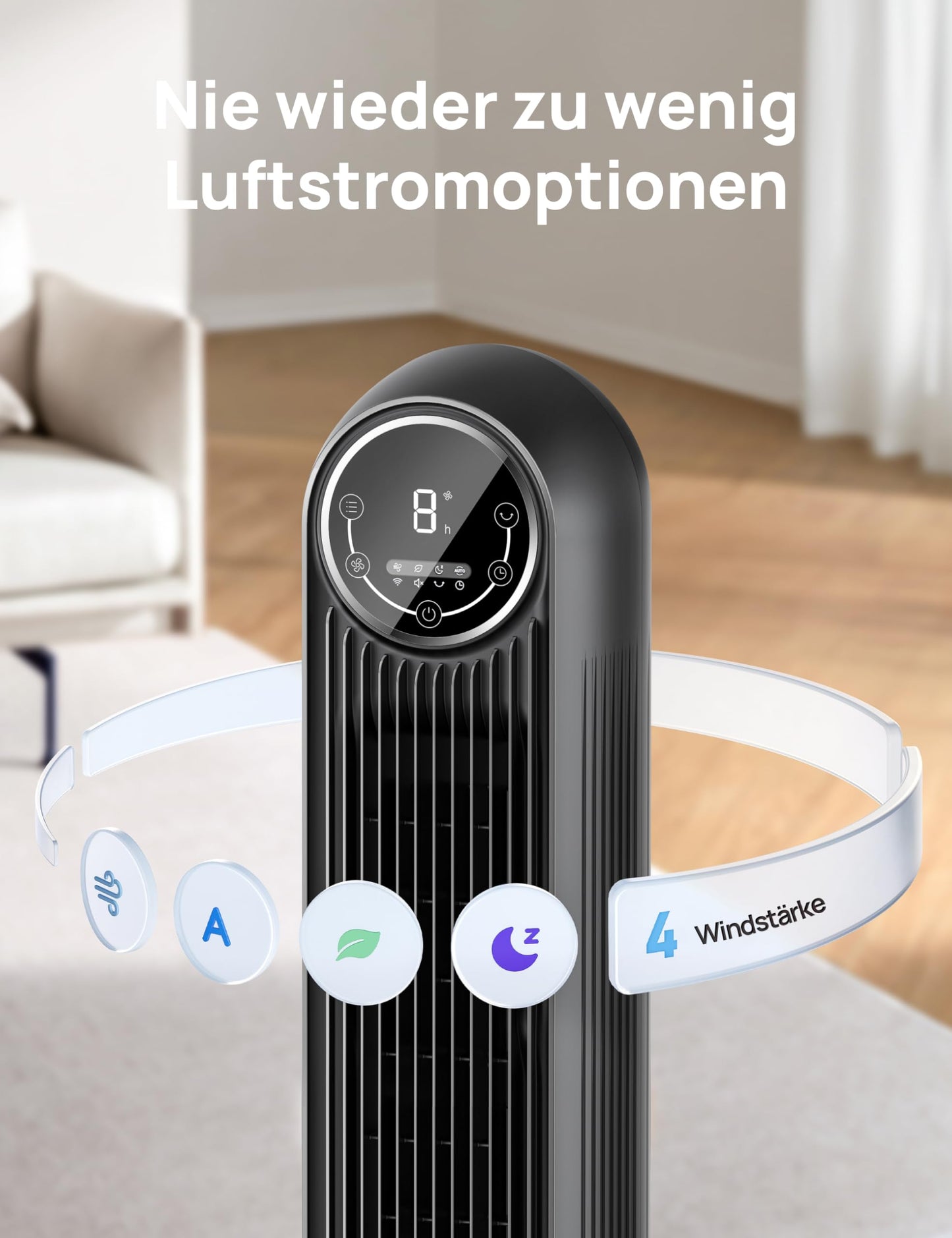 Dreo Turmventilator Nomad One, 7,6 m/s, 20dB leise, 90° Oszillation, 4 Geschwindigkeiten, 4 Modi, 8 Std Timer, für Schlafzimmer, Schwarz