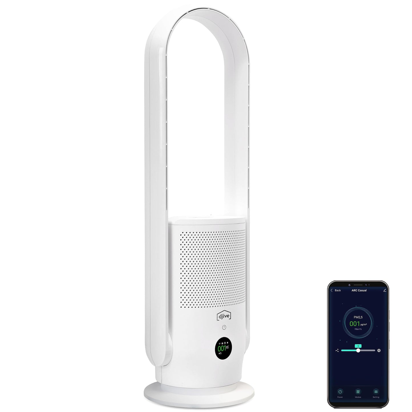 nm djive ARC 2in1 Turmventilator & Luftreiniger HEPA 14, leise, Alexa-kompatibel, App, Fernbedienung, oszillierend, weiß