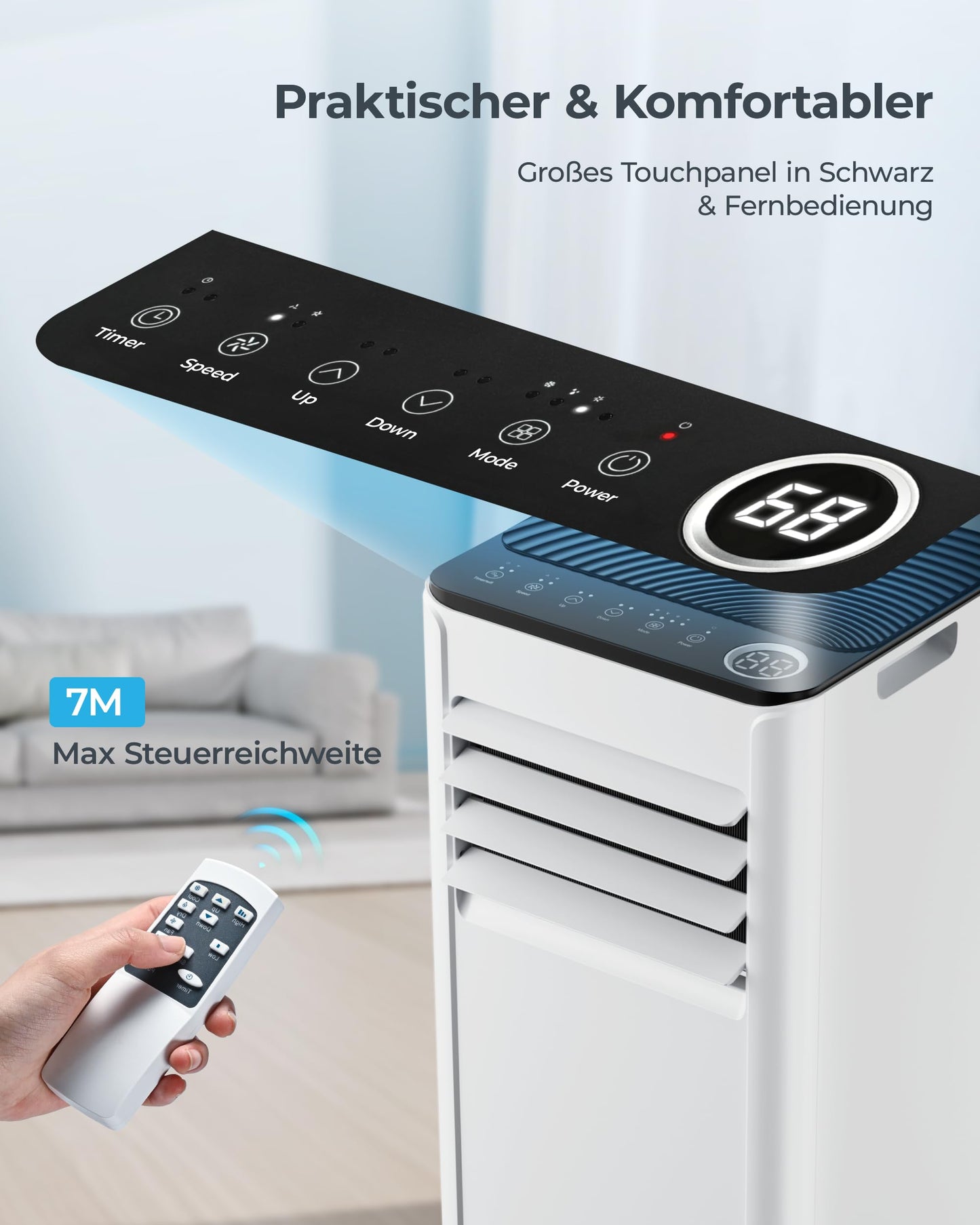 Mobile Klimaanlage 9000 BTU – 4-in-1 mit Abluftschlauch, <48 dB, Fernbedienung, Timer, Display, Fenster-Set, für Räume bis 25 m²