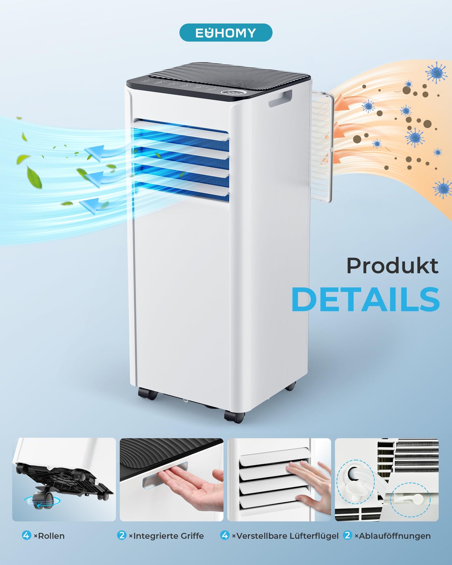 Mobile Klimaanlage 9000 BTU – 4-in-1 mit Abluftschlauch, <48 dB, Fernbedienung, Timer, Display, Fenster-Set, für Räume bis 25 m²