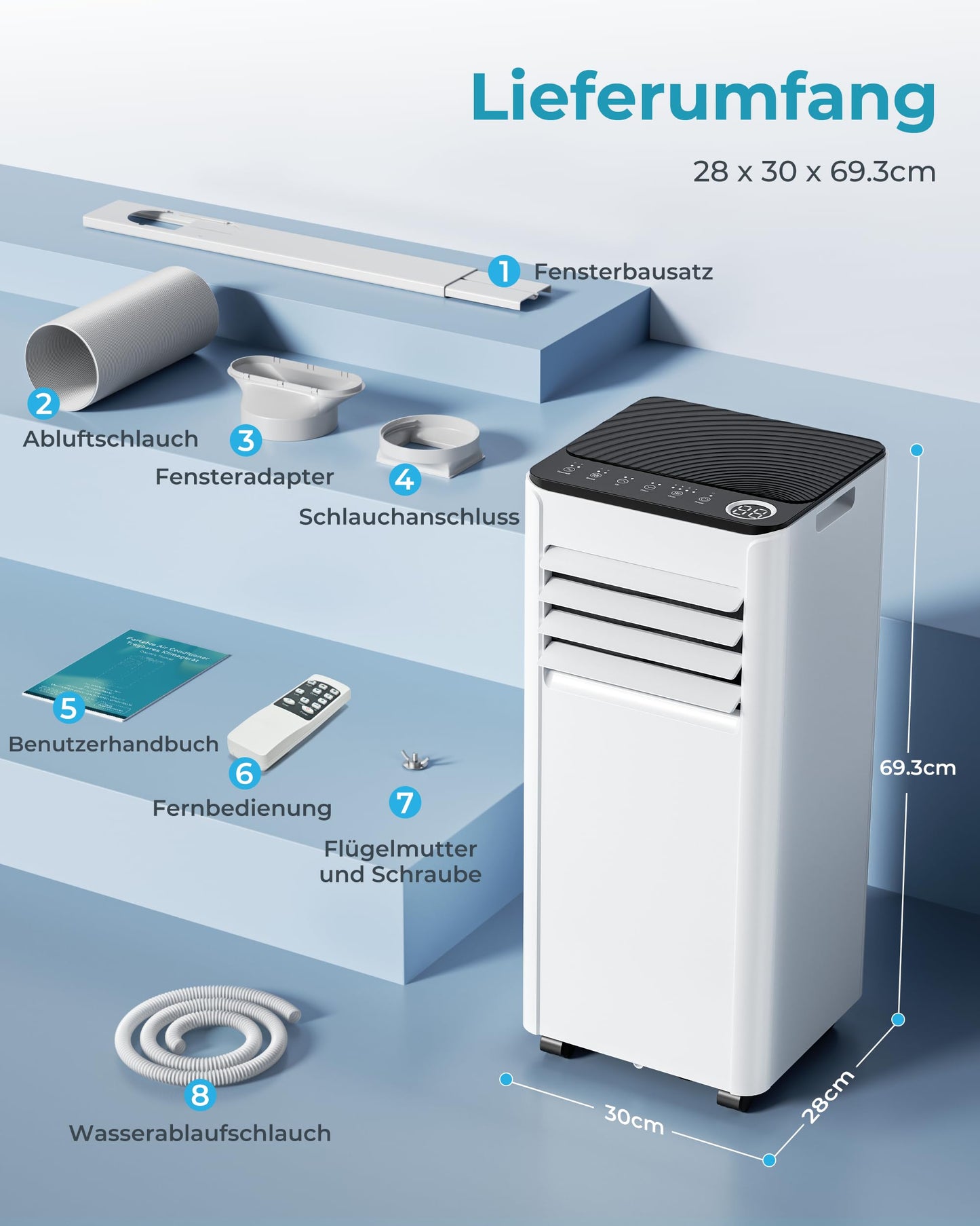 Mobile Klimaanlage 9000 BTU – 4-in-1 mit Abluftschlauch, <48 dB, Fernbedienung, Timer, Display, Fenster-Set, für Räume bis 25 m²