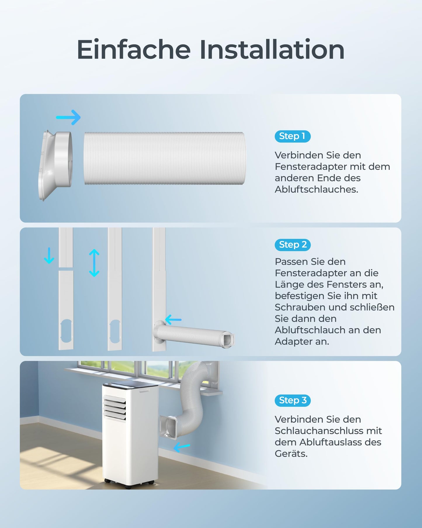 Mobile Klimaanlage 9000 BTU – 4-in-1 mit Abluftschlauch, <48 dB, Fernbedienung, Timer, Display, Fenster-Set, für Räume bis 25 m²