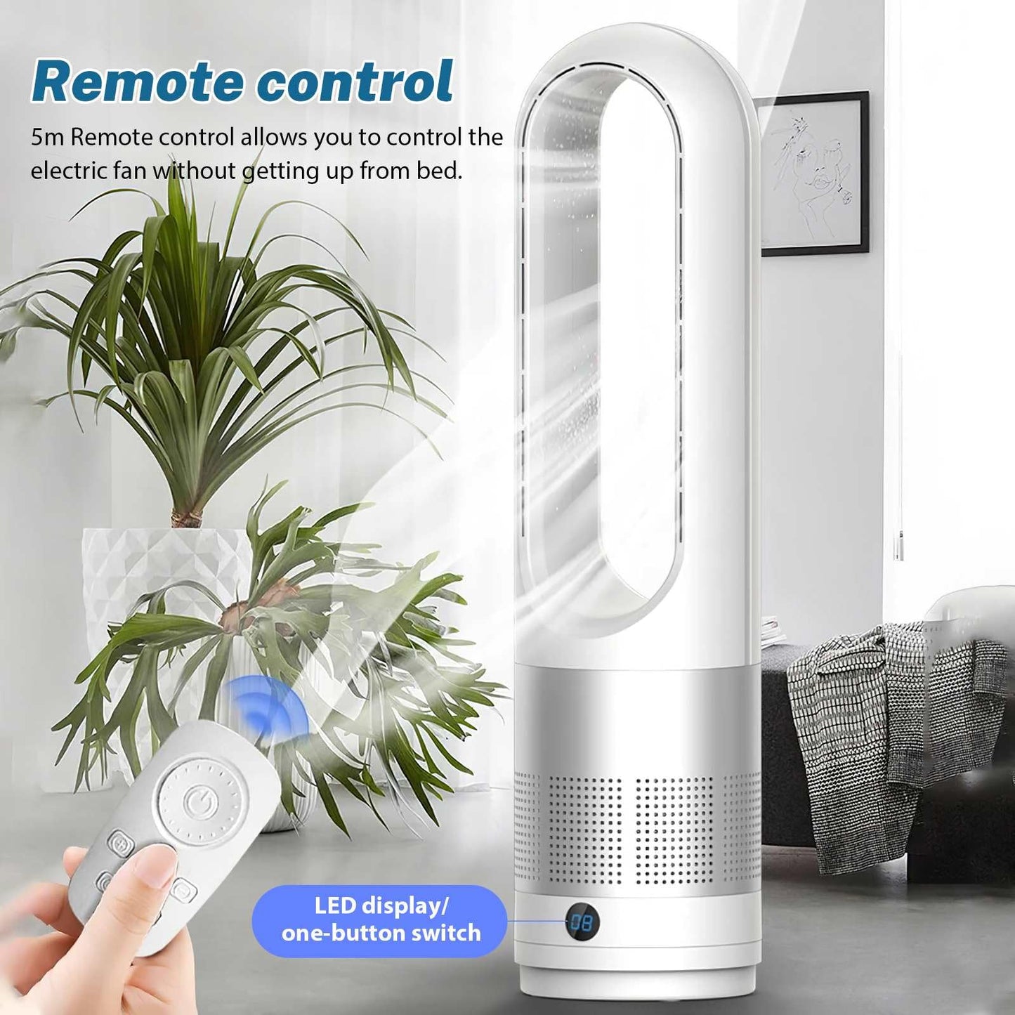 Rotorloser Ventilator mit Luftreiniger, 18-Zoll, leise, 8 Geschwindigkeiten, 80° Oszillation, Fernbedienung, 8H Timer, LED-Anzeige, Bladeless, Silber