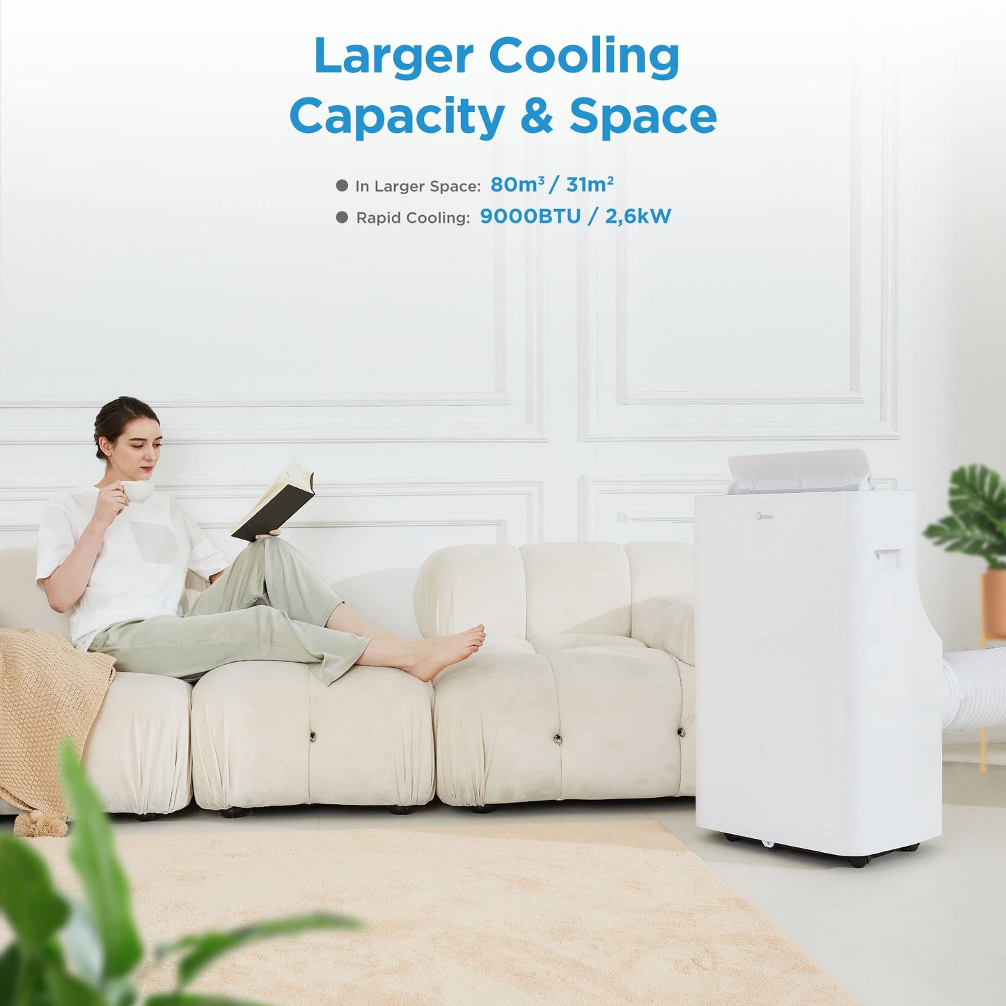 Midea Mobile Klimaanlage 9000 BTU – Silent Cool 26 Pro WF, 3-in-1 mit App, Alexa, Google Home, Abluftschlauch, für Räume bis 88 m³
