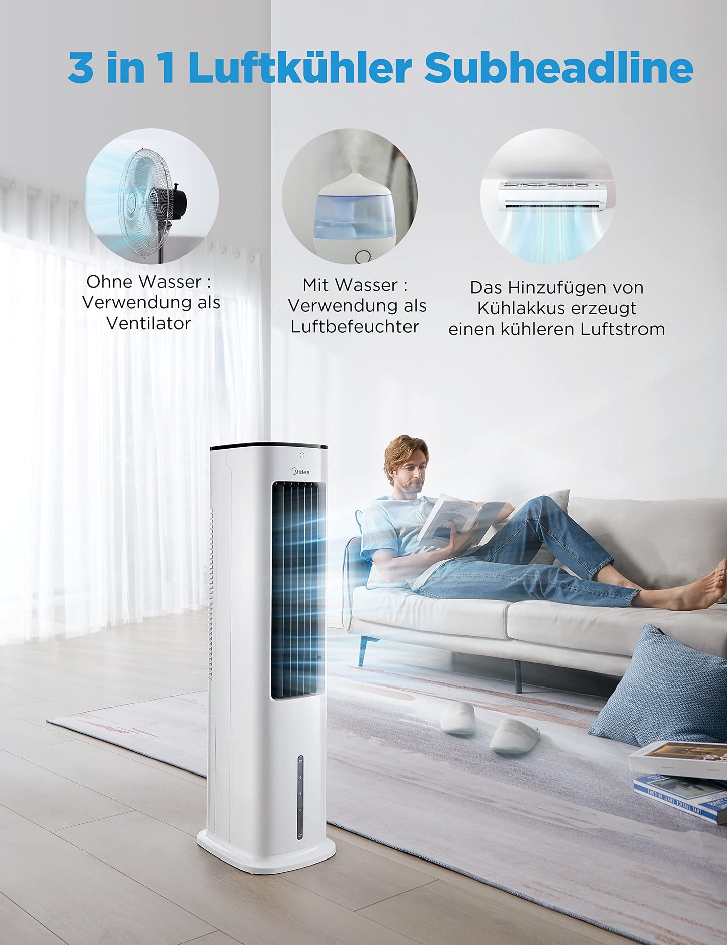 Midea 4-in-1 Mobile Klimaanlage ohne Abluftschlauch, Turmventilator, Wasserkühlung, Luftbefeuchter, 5L Wassertank, 355m³/h, Ionisation, Fernbedienung