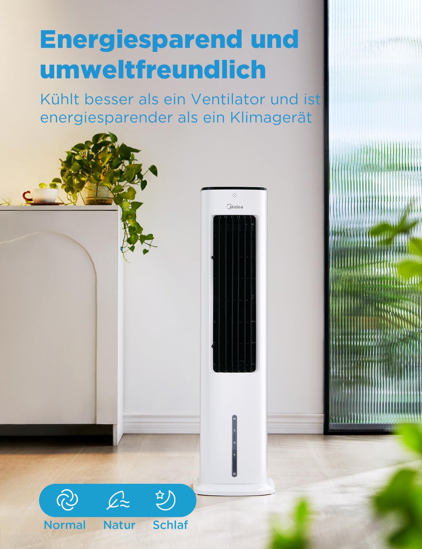 Midea 4-in-1 Mobile Klimaanlage ohne Abluftschlauch, Turmventilator, Wasserkühlung, Luftbefeuchter, 5L Wassertank, 355m³/h, Ionisation, Fernbedienung