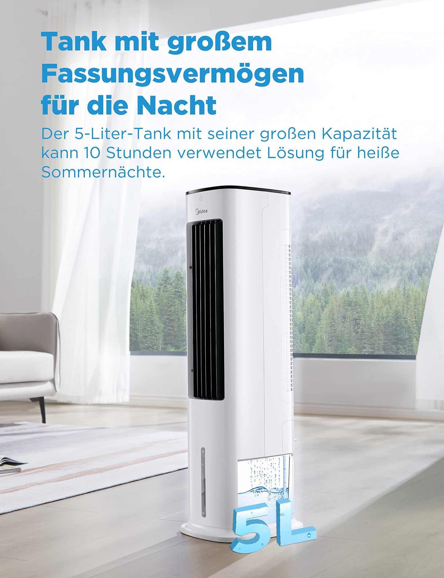 Midea 4-in-1 Mobile Klimaanlage ohne Abluftschlauch, Turmventilator, Wasserkühlung, Luftbefeuchter, 5L Wassertank, 355m³/h, Ionisation, Fernbedienung