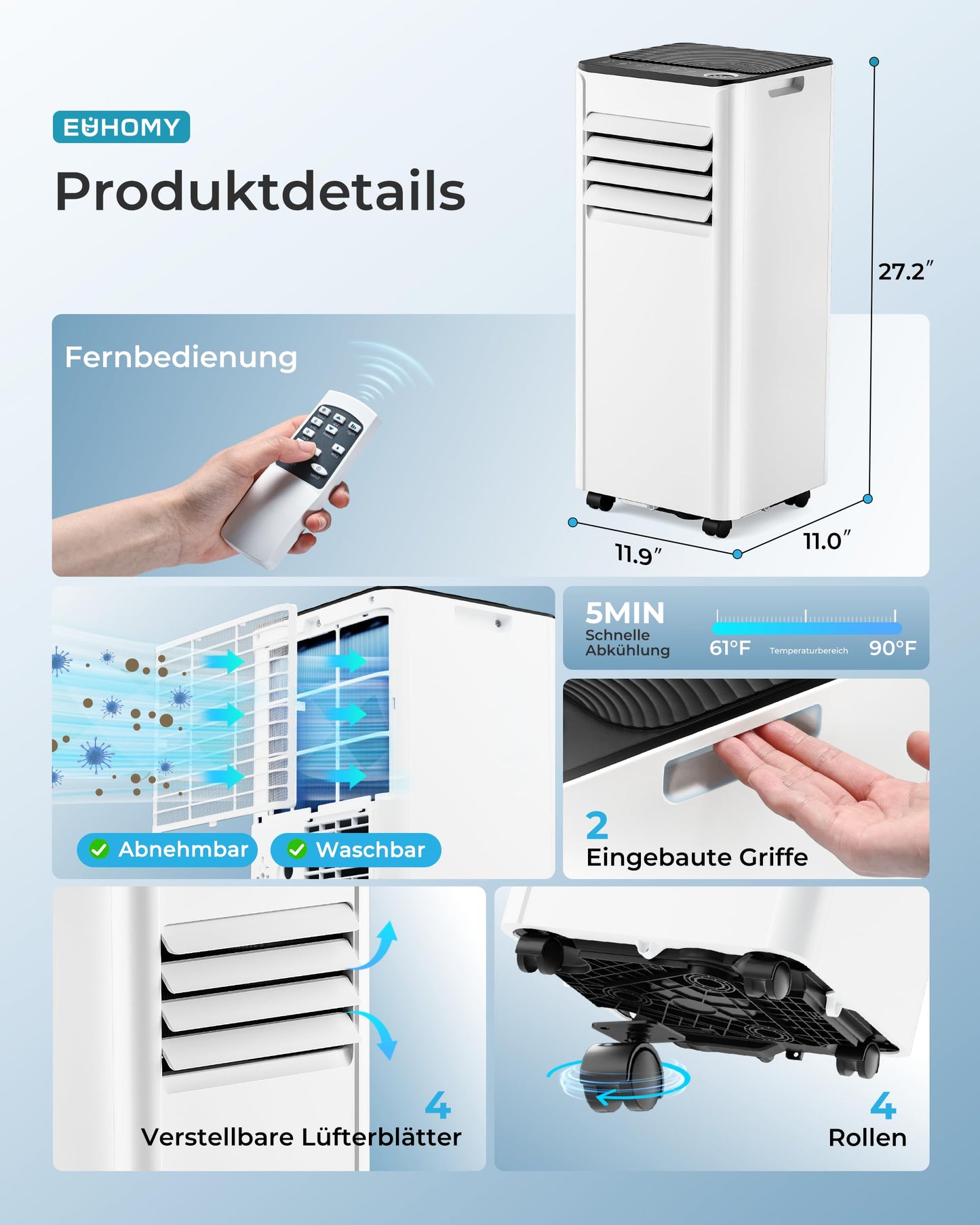 Mobile Klimaanlage 9000 BTU – 4-in-1 mit Abluftschlauch, <48 dB, Fernbedienung, Timer, Display, Fenster-Set, für Räume bis 25 m²