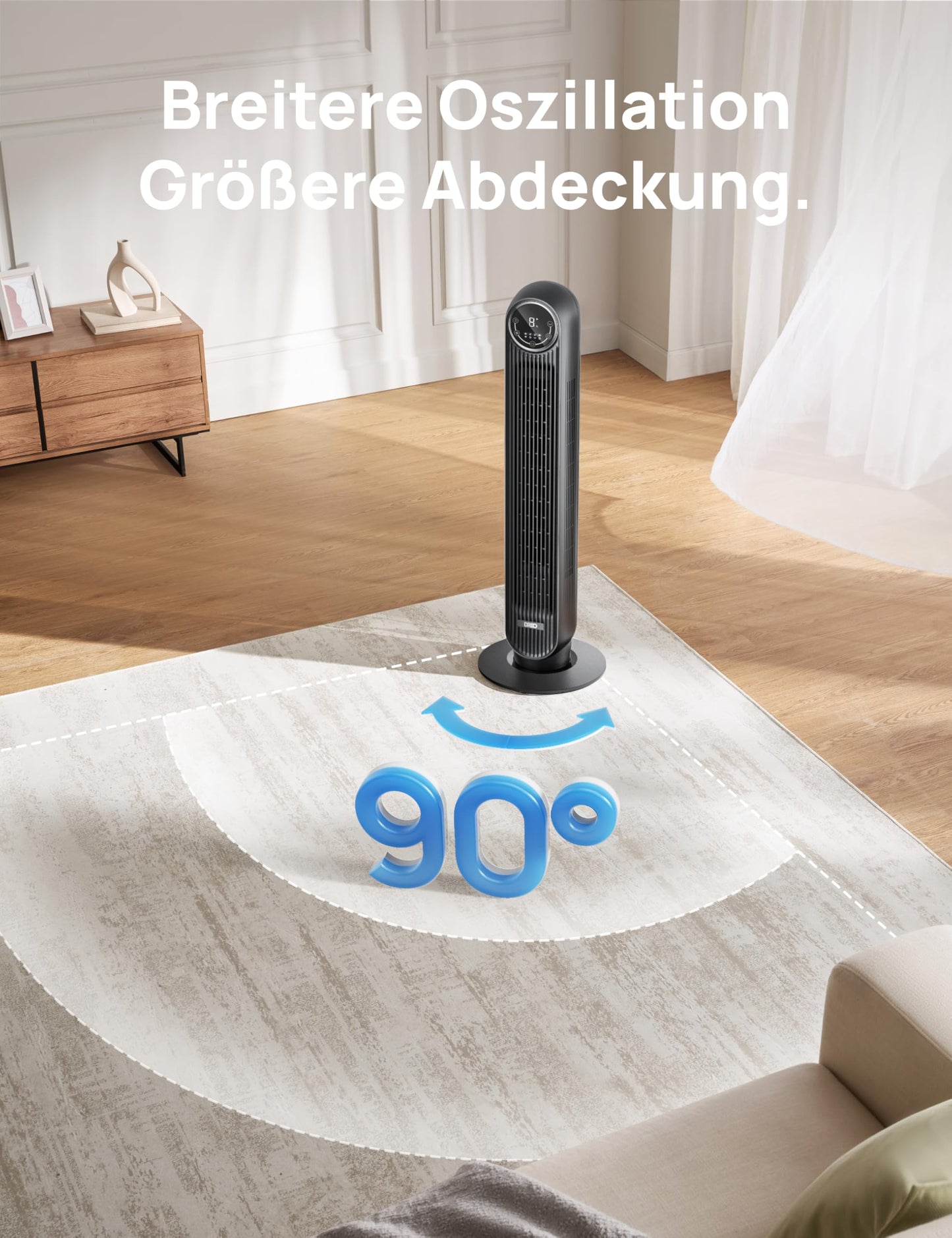 Dreo Turmventilator Nomad One, 7,6 m/s, 20dB leise, 90° Oszillation, 4 Geschwindigkeiten, 4 Modi, 8 Std Timer, für Schlafzimmer, Schwarz