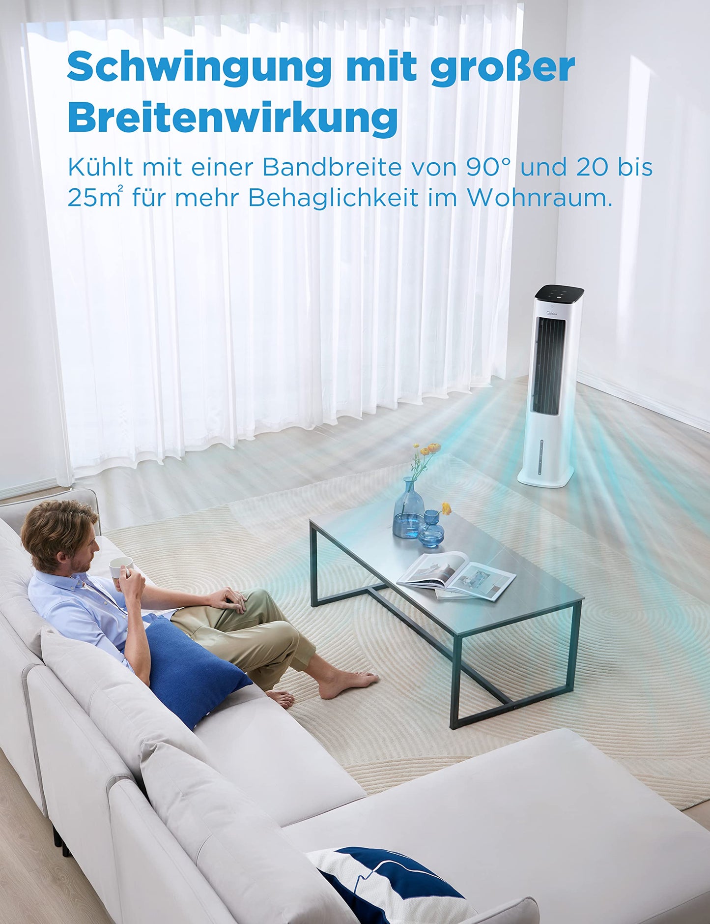 Midea 4-in-1 Mobile Klimaanlage ohne Abluftschlauch, Turmventilator, Wasserkühlung, Luftbefeuchter, 5L Wassertank, 355m³/h, Ionisation, Fernbedienung