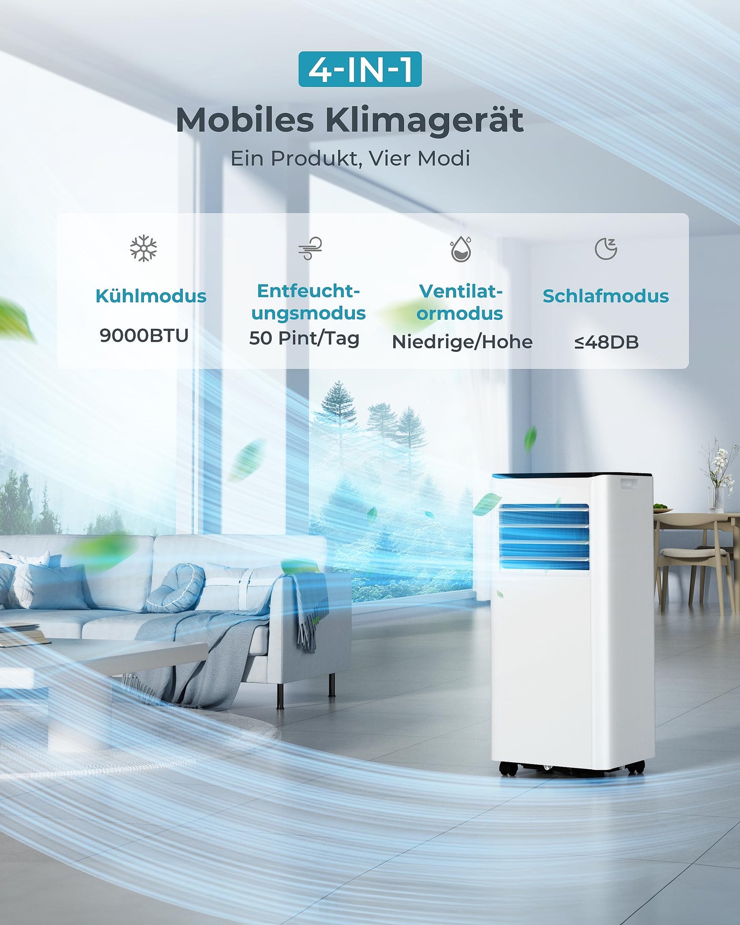 Mobile Klimaanlage 9000 BTU – 4-in-1 mit Abluftschlauch, <48 dB, Fernbedienung, Timer, Display, Fenster-Set, für Räume bis 25 m²