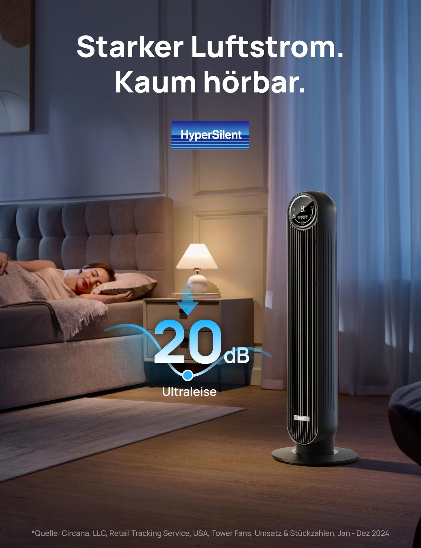 Dreo Turmventilator Nomad One, 7,6 m/s, 20dB leise, 90° Oszillation, 4 Geschwindigkeiten, 4 Modi, 8 Std Timer, für Schlafzimmer, Schwarz