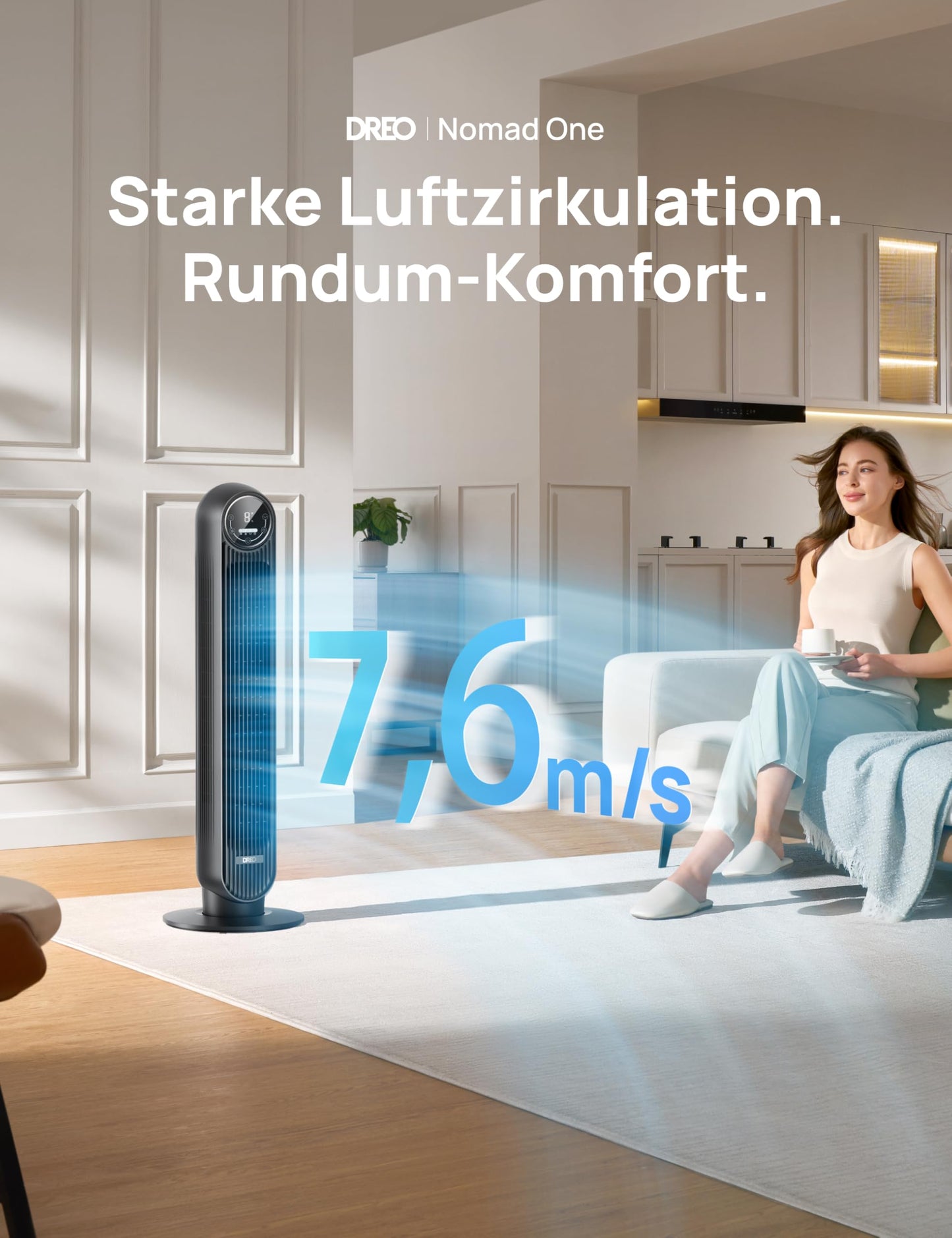 Dreo Turmventilator Nomad One, 7,6 m/s, 20dB leise, 90° Oszillation, 4 Geschwindigkeiten, 4 Modi, 8 Std Timer, für Schlafzimmer, Schwarz
