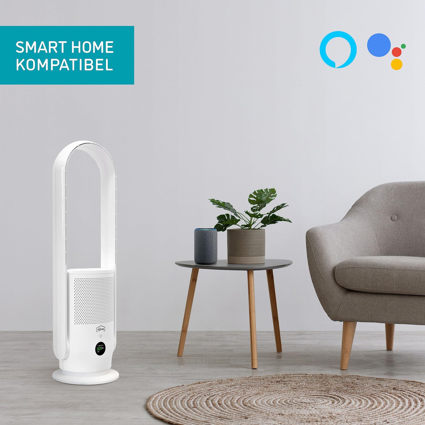 nm djive ARC 2in1 Turmventilator & Luftreiniger HEPA 14, leise, Alexa-kompatibel, App, Fernbedienung, oszillierend, weiß