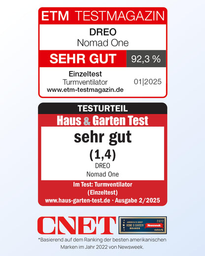 Dreo Turmventilator Nomad One, 7,6 m/s, 20dB leise, 90° Oszillation, 4 Geschwindigkeiten, 4 Modi, 8 Std Timer, für Schlafzimmer, Schwarz