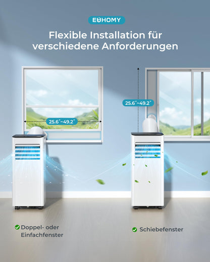 Mobile Klimaanlage 9000 BTU – 4-in-1 mit Abluftschlauch, <48 dB, Fernbedienung, Timer, Display, Fenster-Set, für Räume bis 25 m²