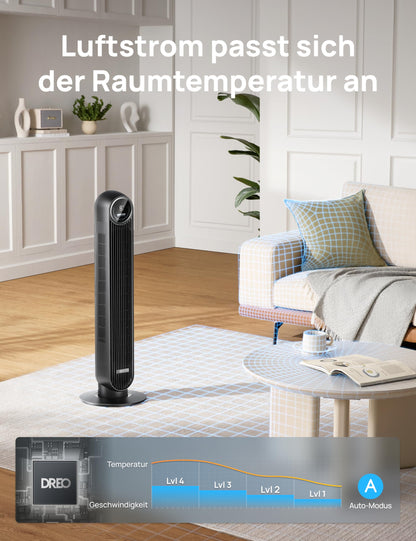 Dreo Turmventilator Nomad One, 7,6 m/s, 20dB leise, 90° Oszillation, 4 Geschwindigkeiten, 4 Modi, 8 Std Timer, für Schlafzimmer, Schwarz