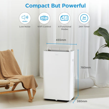 Midea Mobile Klimaanlage 9000 BTU – Silent Cool 26 Pro WF, 3-in-1 mit App, Alexa, Google Home, Abluftschlauch, für Räume bis 88 m³